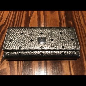 MCM Logo Large Tori-fold Silver Metallic Wallet